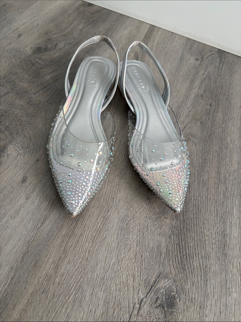 Silver Iridescent Pointed Slingback Flats with Rhinestones